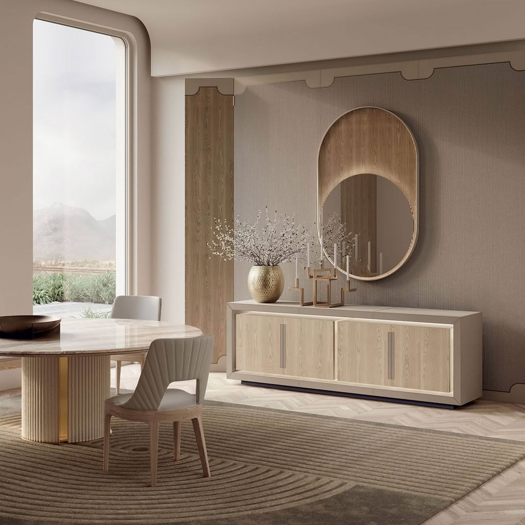 Modern minimalist dining room with natural light and decor