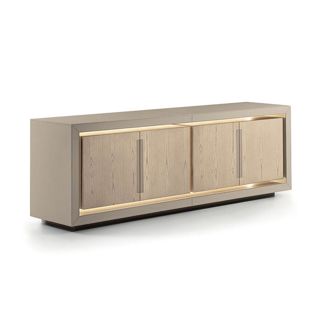 Modern beige wooden sideboard with metallic accents