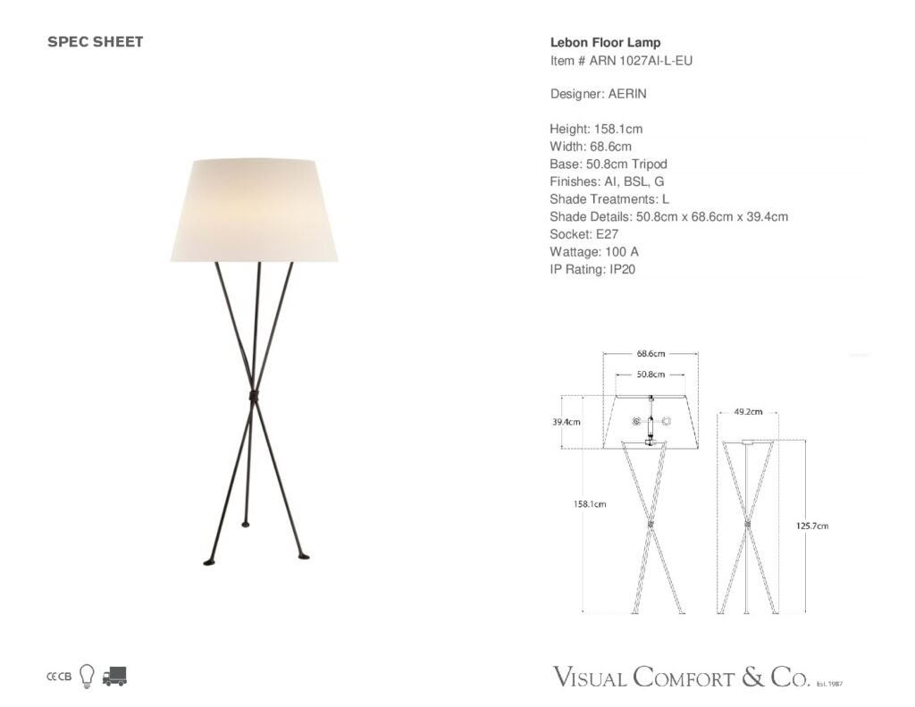 Specification sheet for Lebon Floor Lamp with diagrams