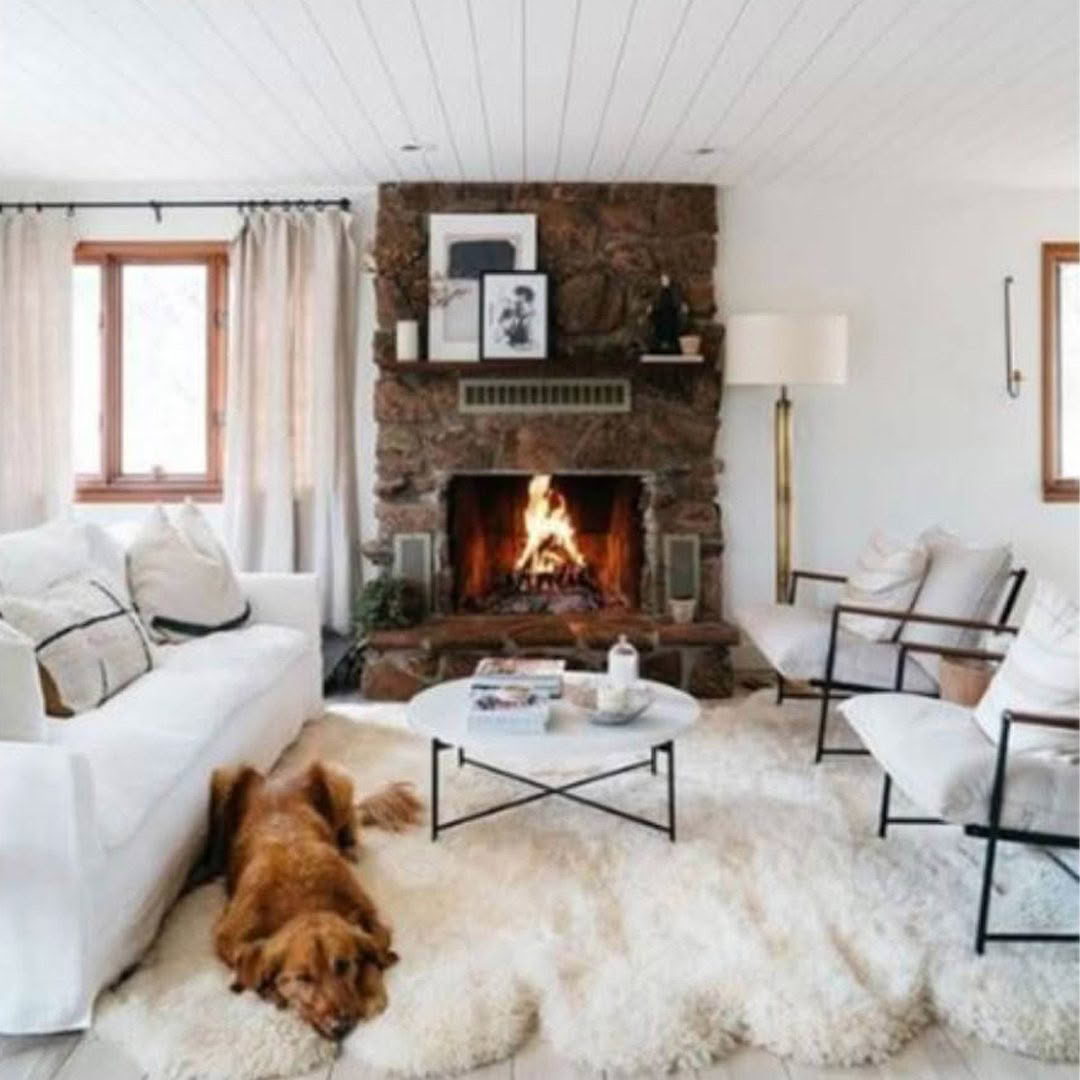 Cozy living room with fireplace and sleeping dog