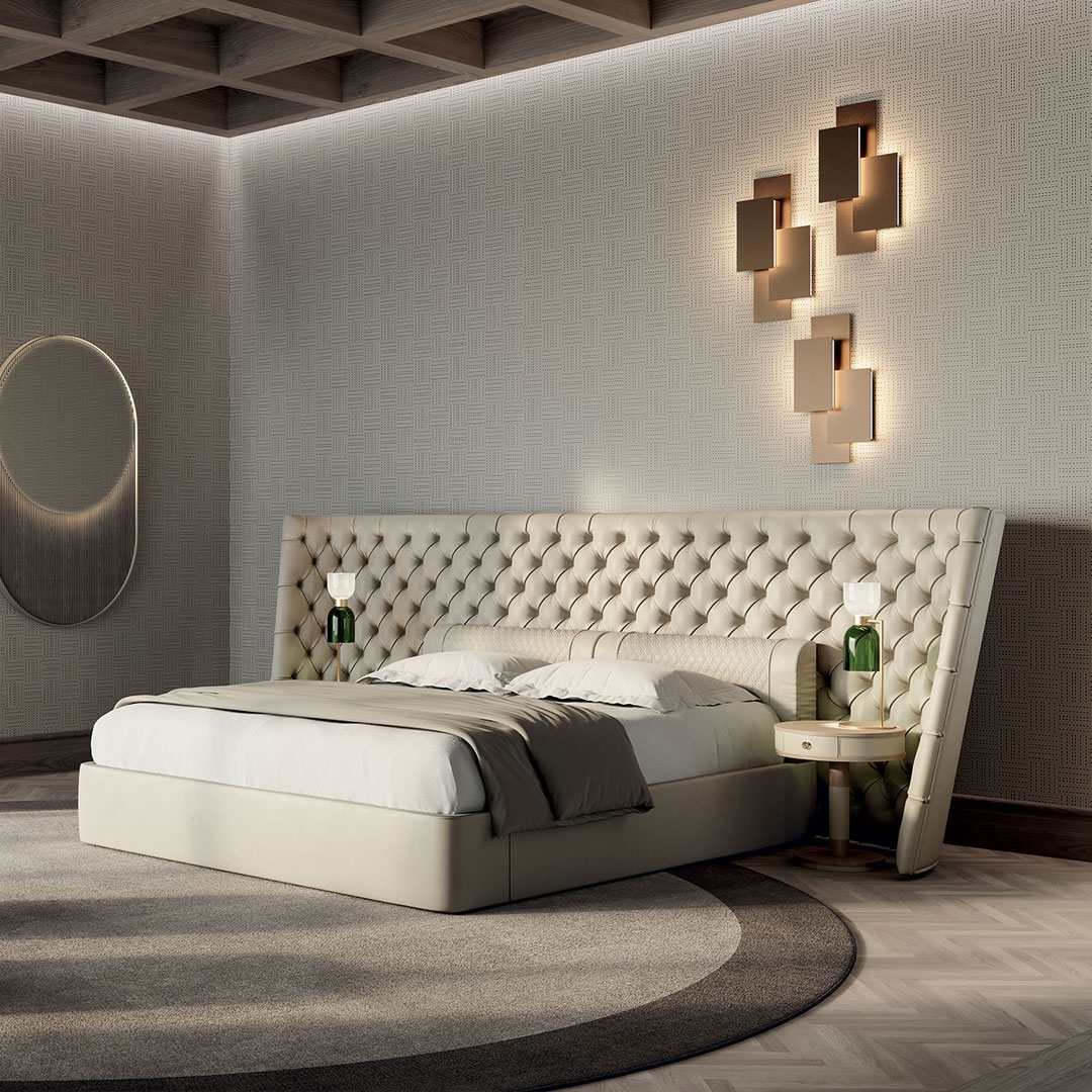 Elegant modern bedroom with textured walls and stylish lighting