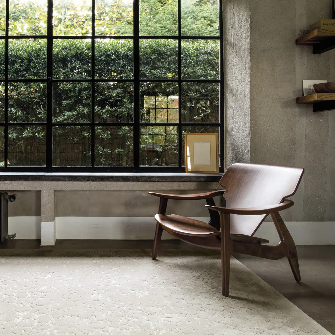 Modern room with wooden chair by large window