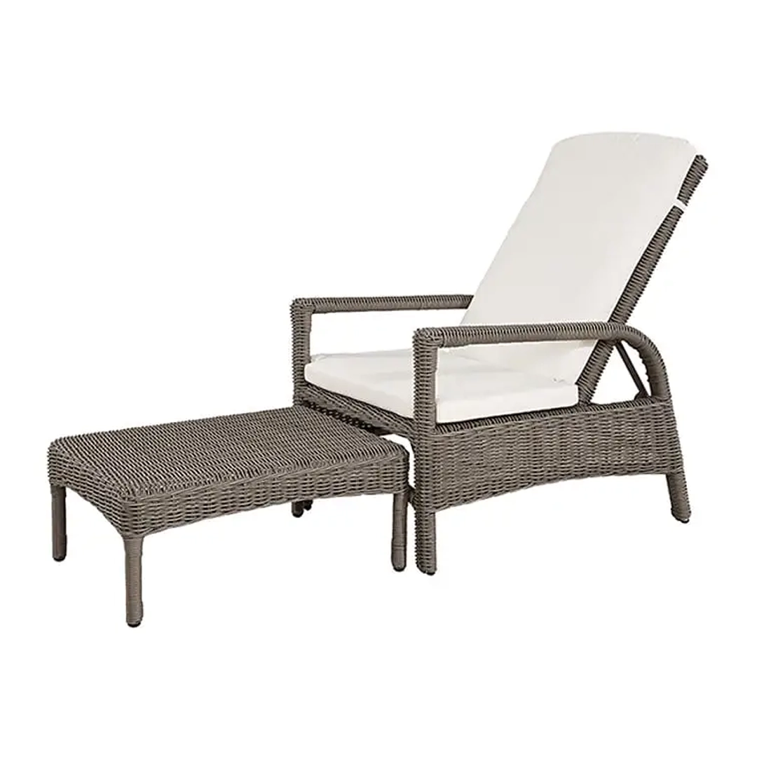 Gray wicker reclining lounge chair with white cushion