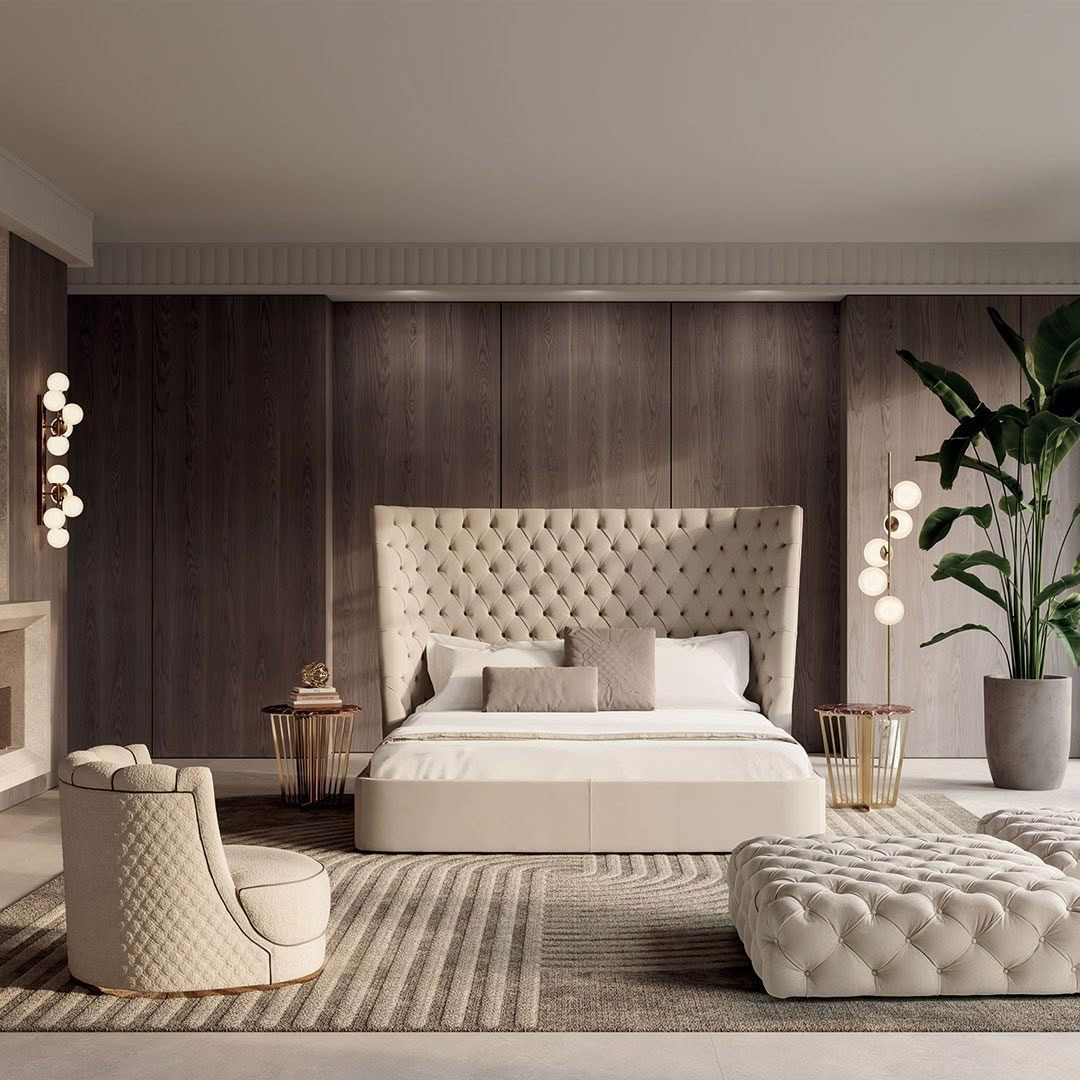 Elegant modern bedroom with plush decor and indoor plants