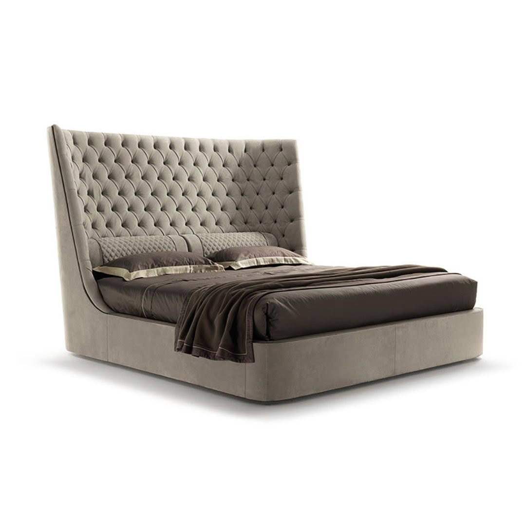 Luxury tufted taupe bed with elegant high headboard