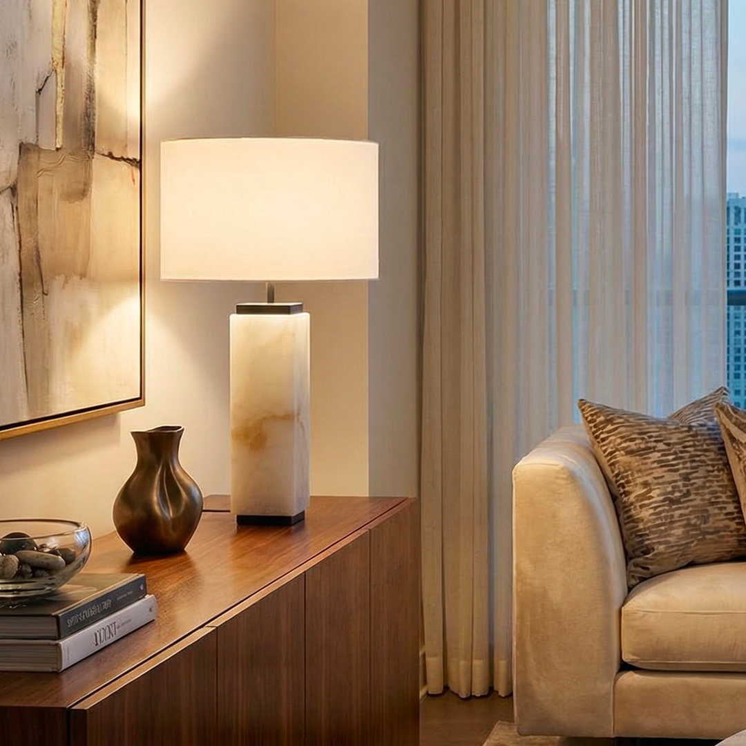 MILANO TABLE LAMP - ALABASTER & BLACK BASE with WHITE CHINTZ SHADE - Image 2