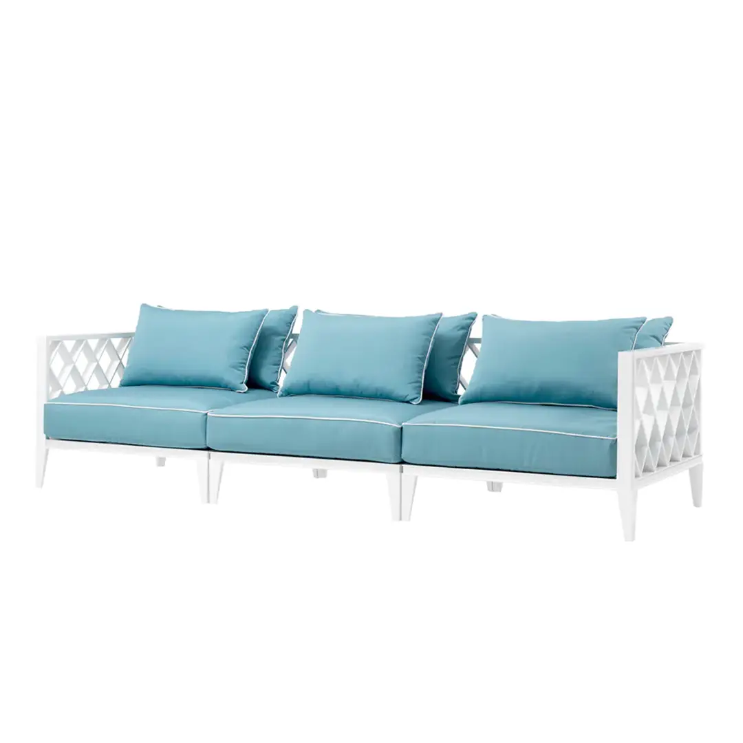 Modern turquoise sofa with white frame and cushions