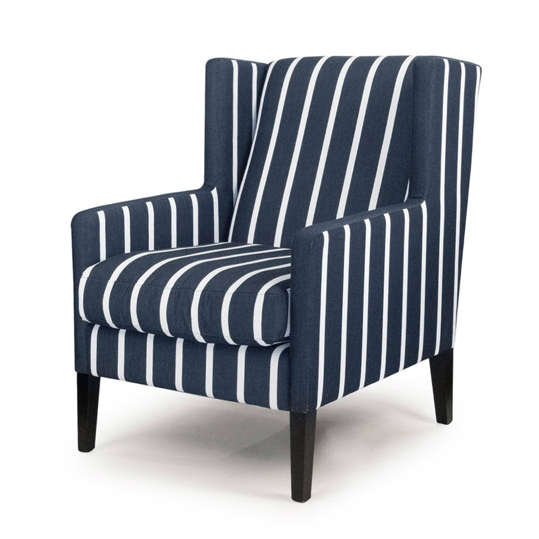Navy blue striped armchair with high back
