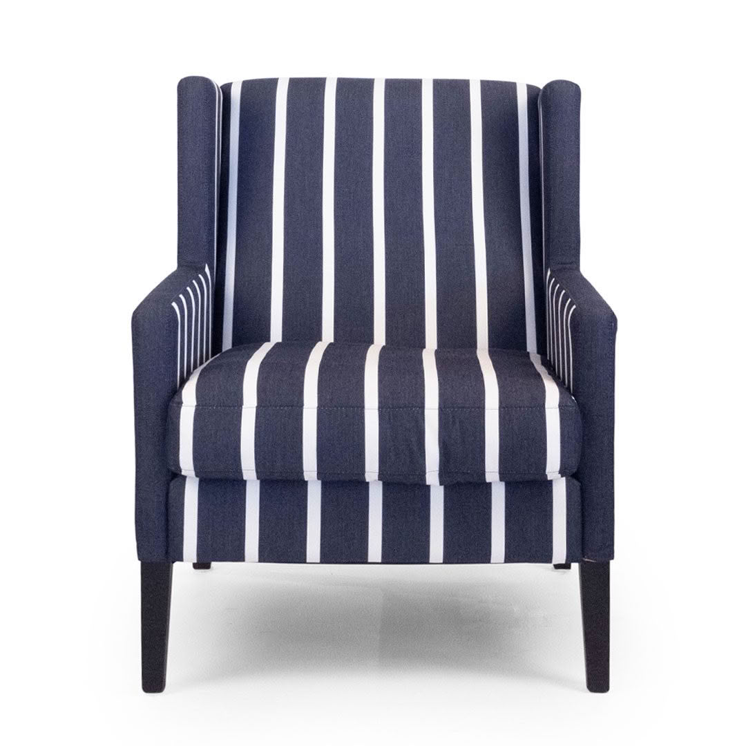 Blue and white striped armchair on white background