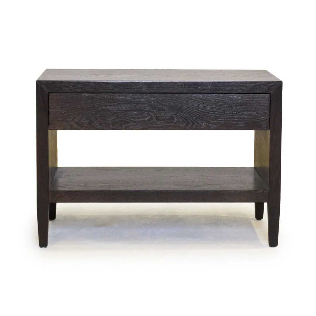 Dark wooden console table with shelf on white background