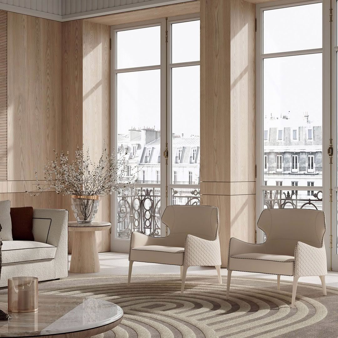 Modern living room with natural light and city view