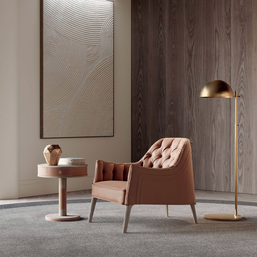 Elegant interior with tan armchair and wooden accents