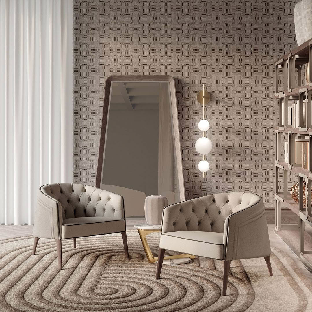 Elegant modern living room with large mirror and armchairs