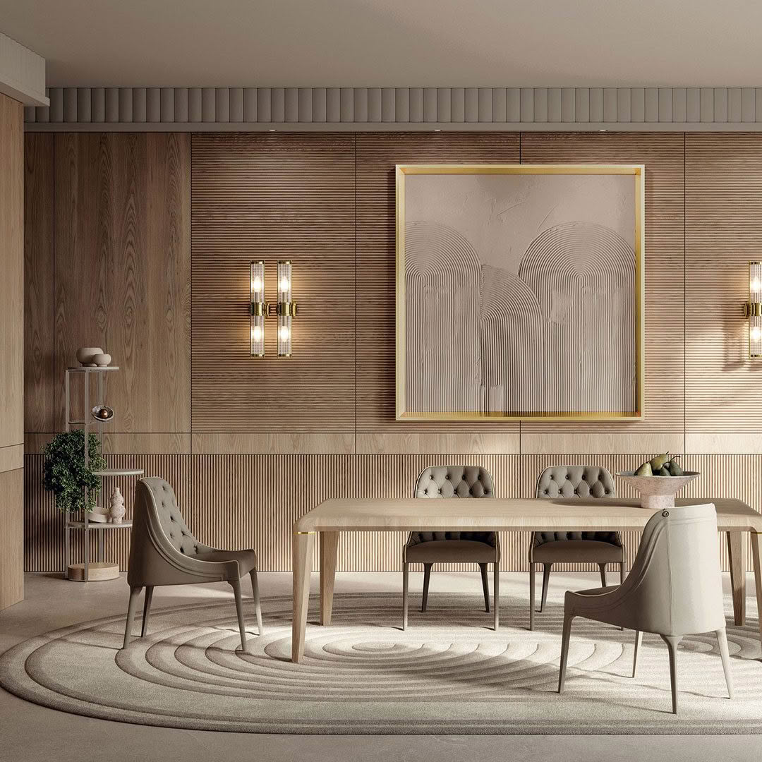 Elegant dining room with wooden design and abstract art