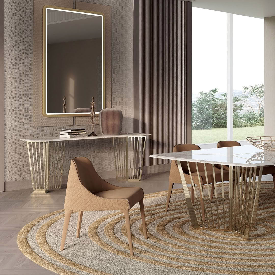 Modern dining room interior with unique furniture and mirror