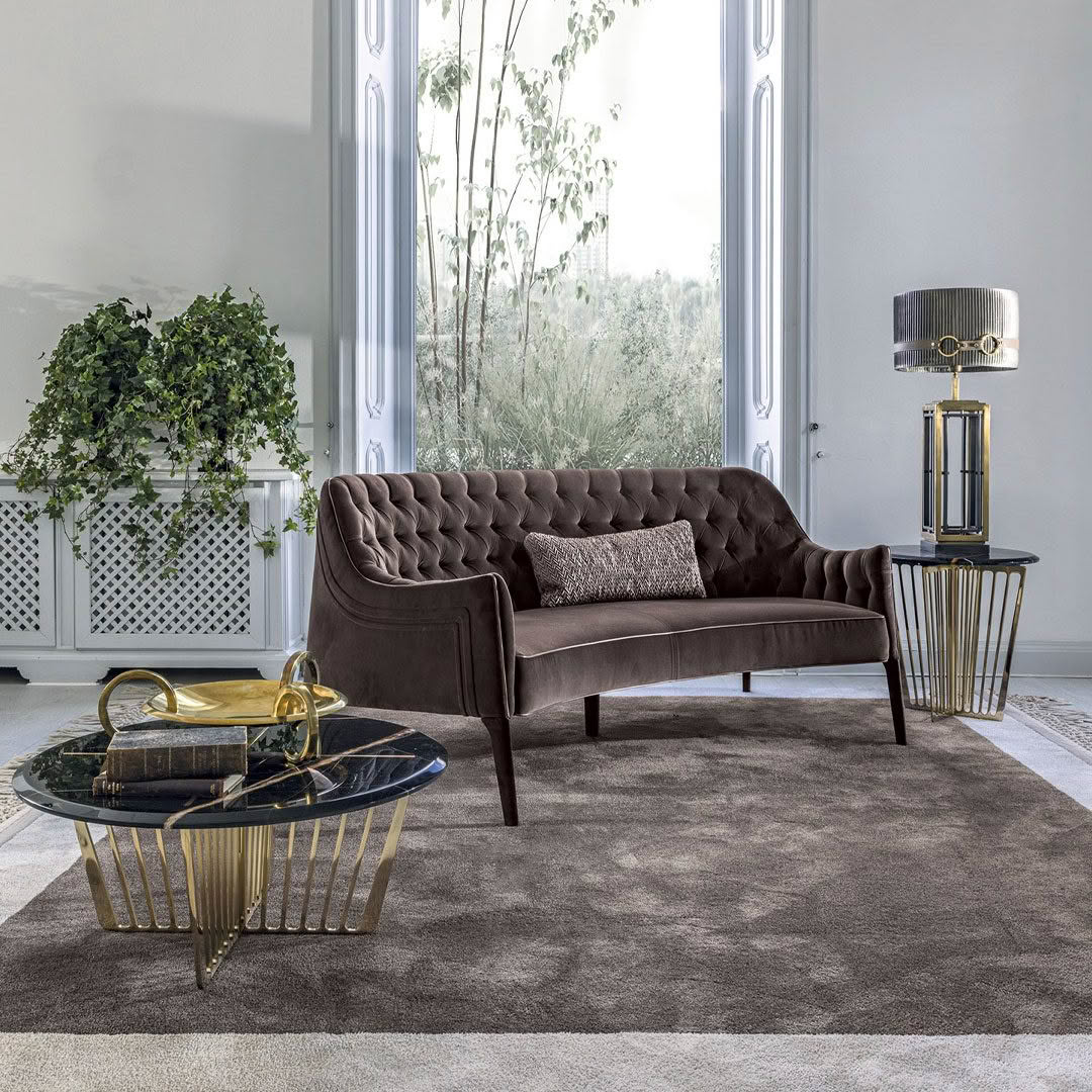 Elegant living room with velvet sofa and modern decor