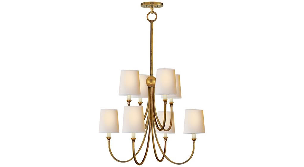 Gold chandelier with six white lampshades