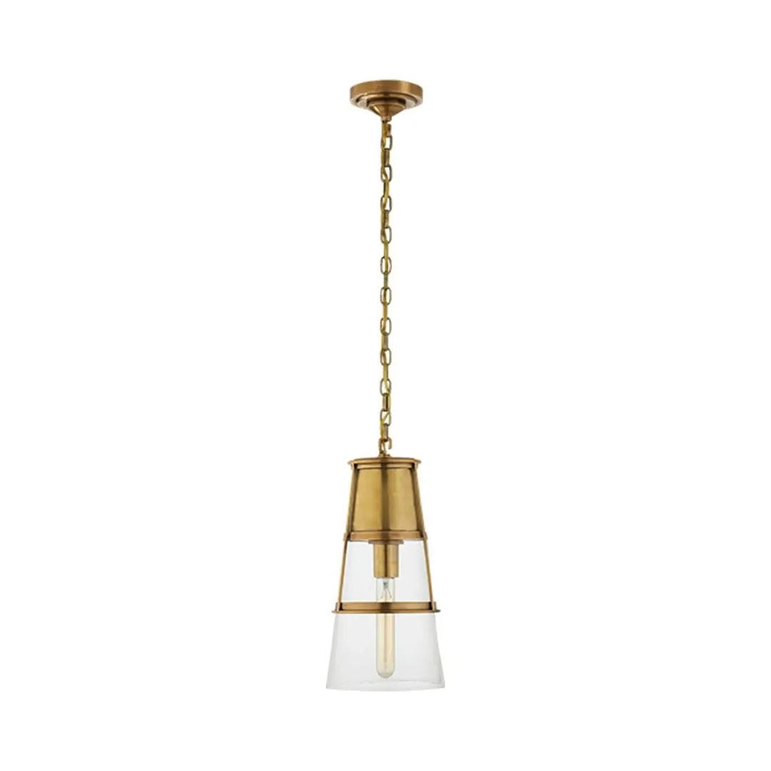 Gold brass pendant light with chain and glass shade