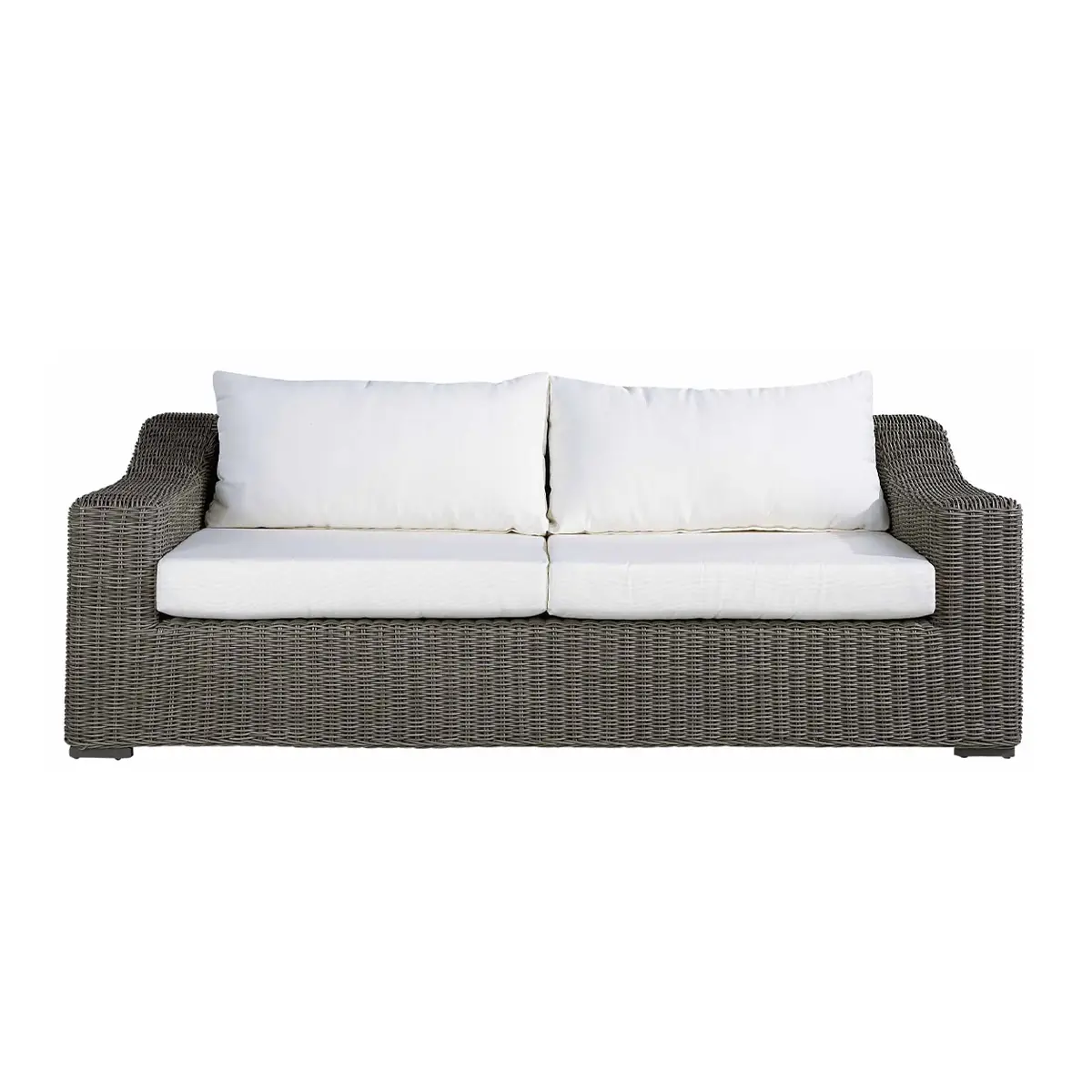 Gray wicker outdoor sofa with white cushions