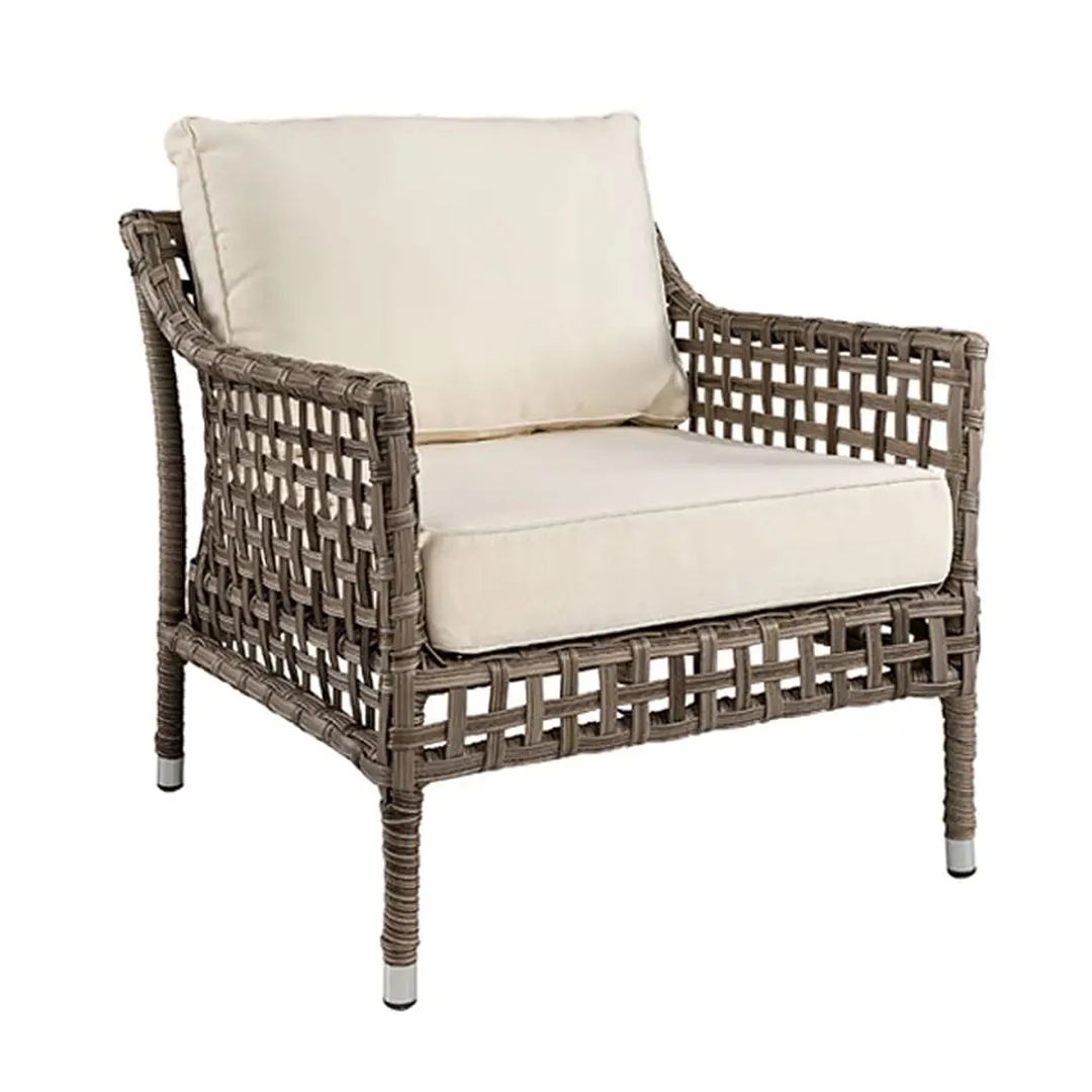 Woven outdoor chair with cushions