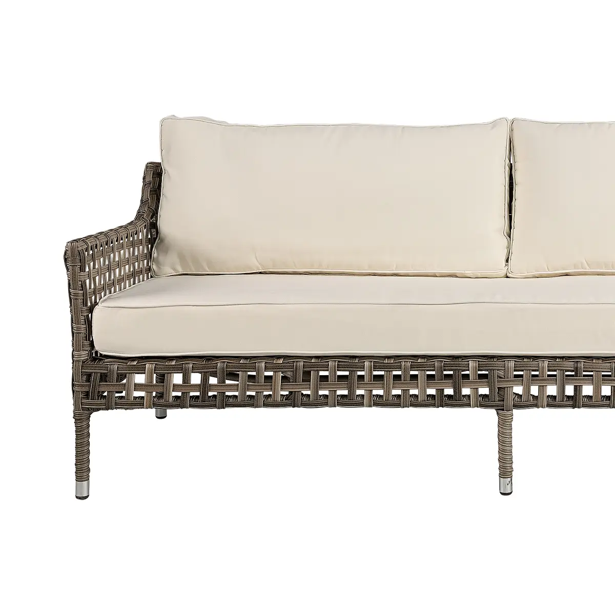 Beige cushioned outdoor wicker sofa on white background