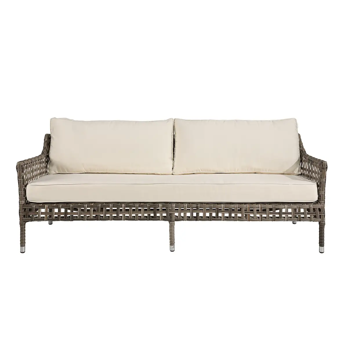 Elegant wicker outdoor sofa with beige cushions