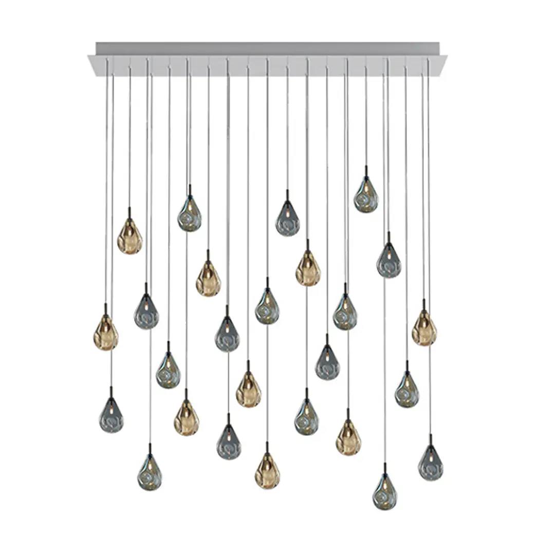 Modern teardrop pendant lights suspended from a gray bar