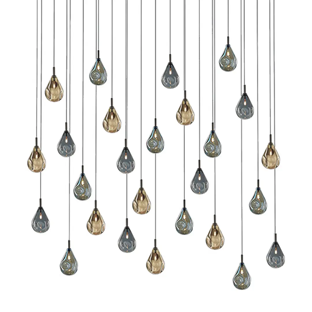 Array of hanging gold and silver teardrop lights
