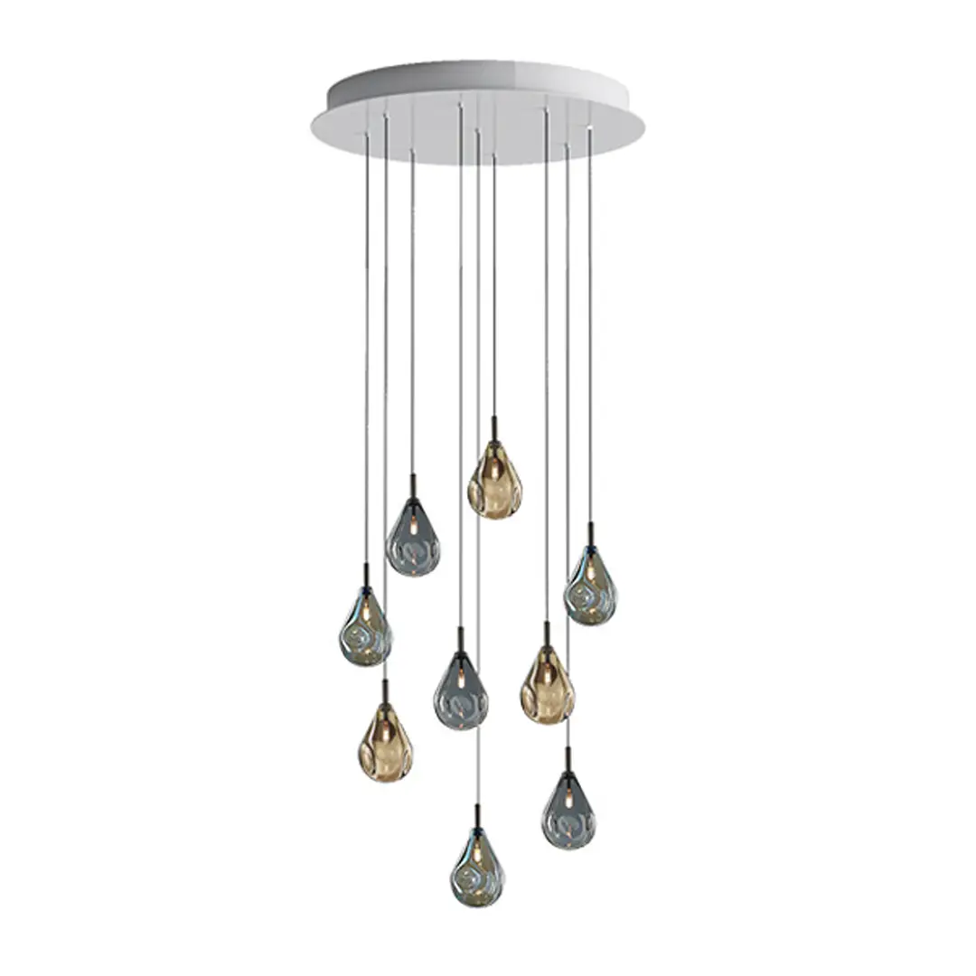 Contemporary pendant light with multi-colored teardrop shades