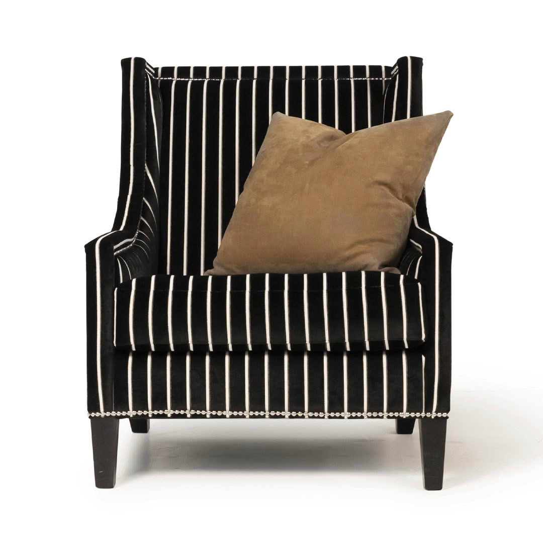 Elegant black striped armchair with beige cushion