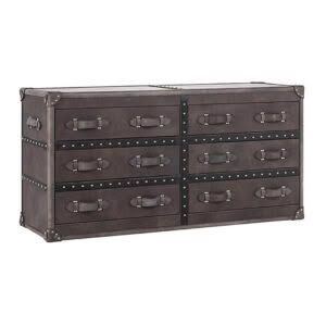 Vintage leather trunk with multiple drawers and straps