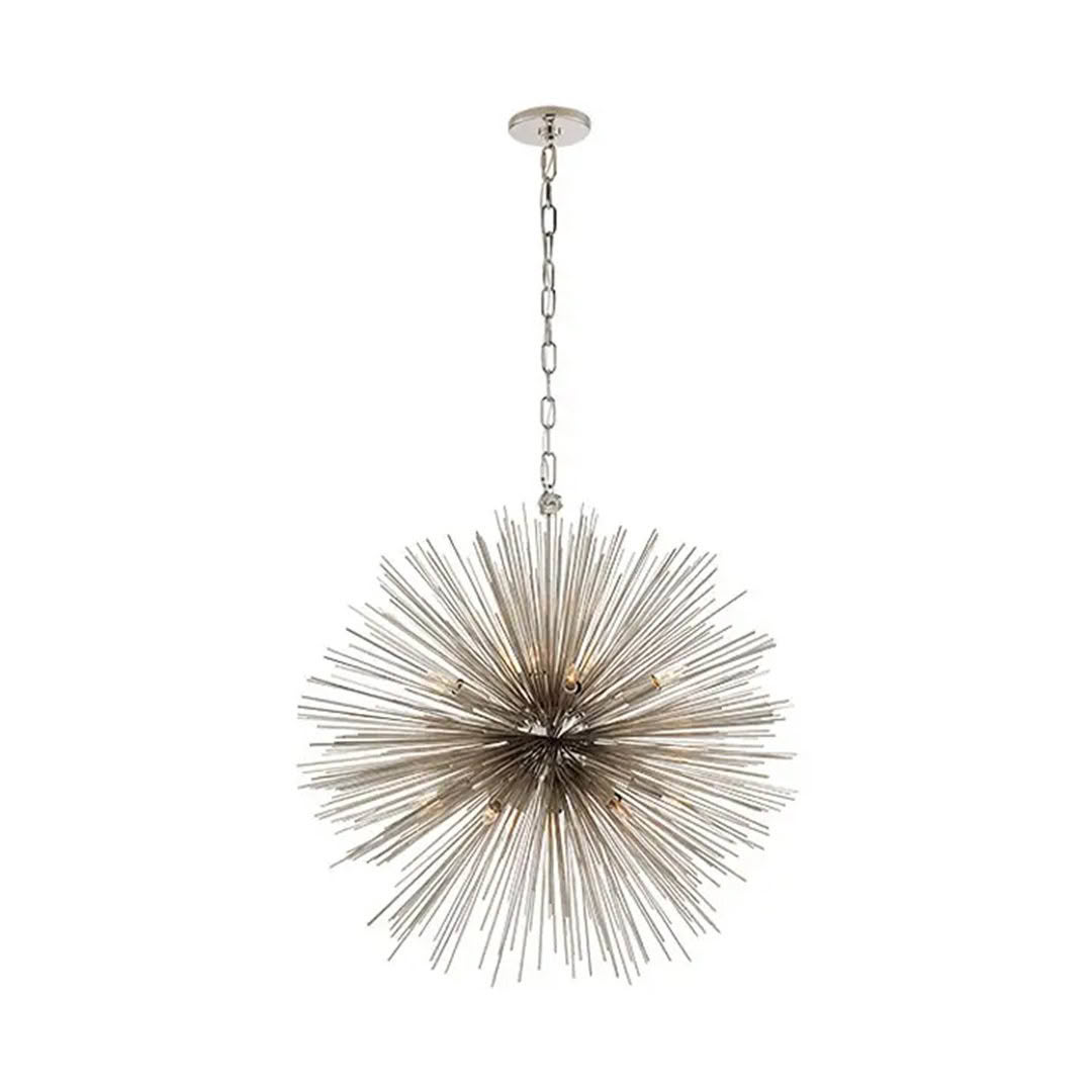 Modern silver starburst chandelier hanging on chain