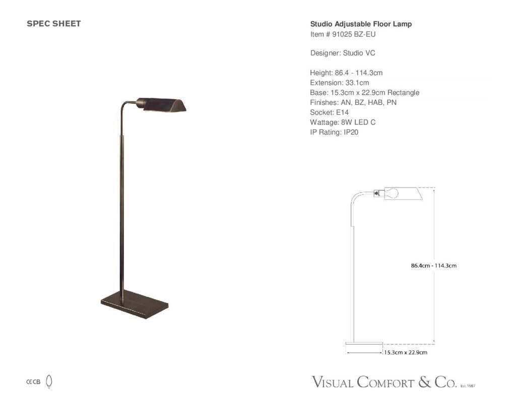 Spec sheet for adjustable Studio VC floor lamp.