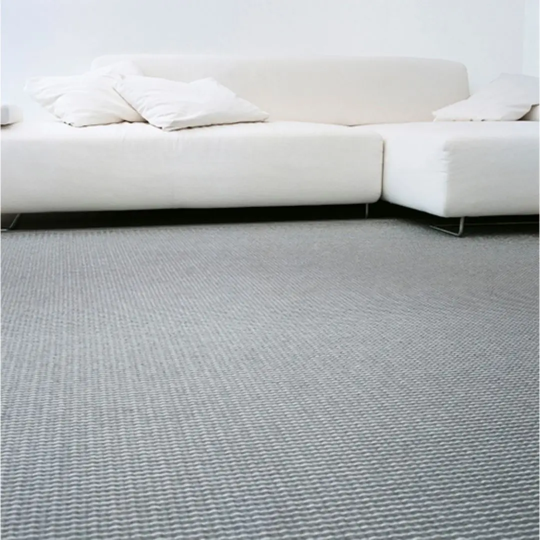 Minimalist white sofa on gray textured carpet