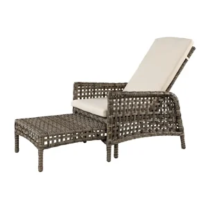 Woven outdoor chaise lounge with beige cushion
