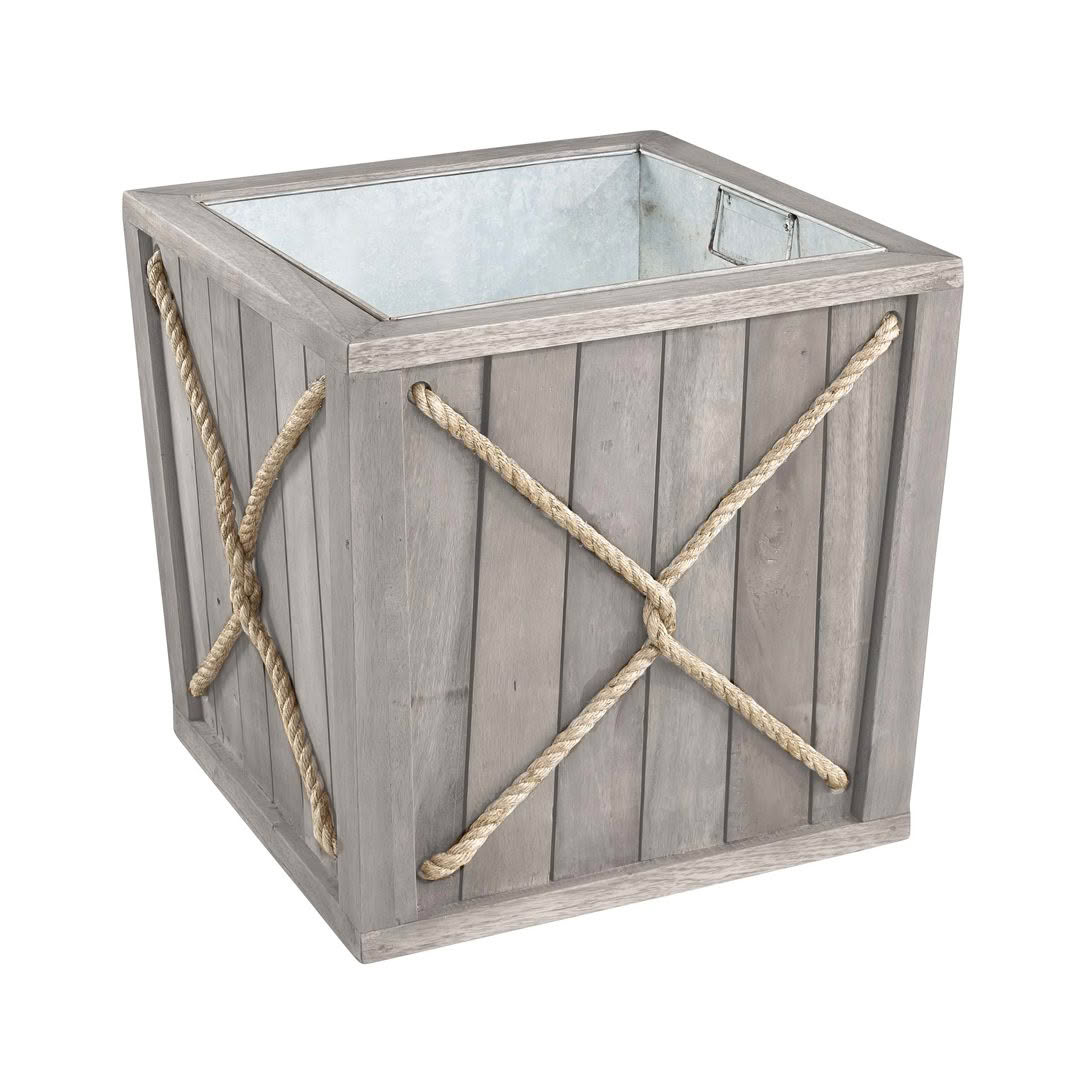 Wooden planter box with rope accents and glass interior