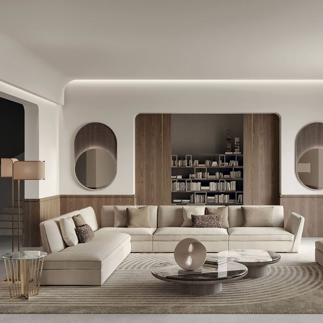 Modern living room with stylish furniture and bookshelves