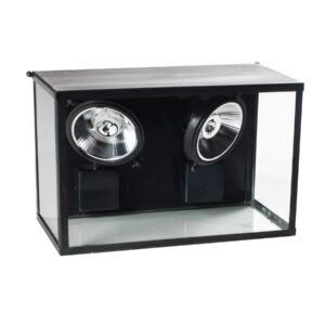 Enclosed display case with two spotlights
