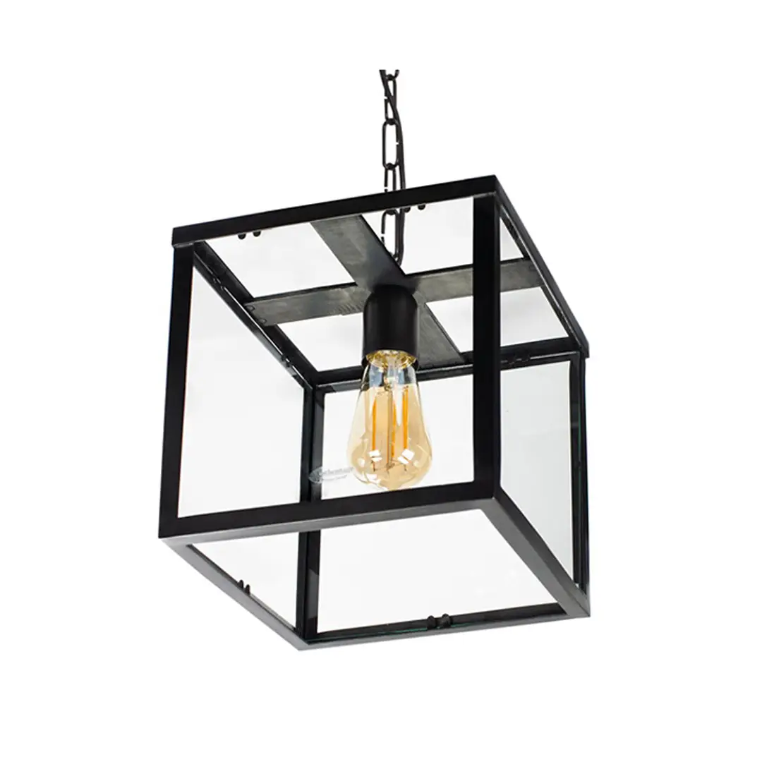 Black pendant light with exposed filament bulb