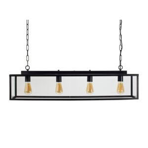 Modern rectangular chandelier with four exposed bulbs