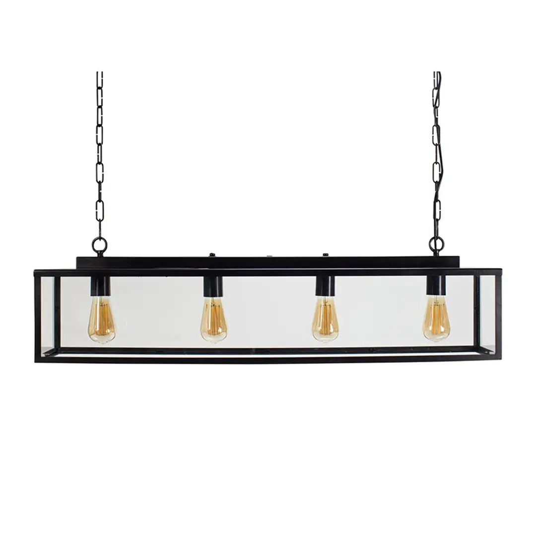 Modern rectangular chandelier with four exposed bulbs