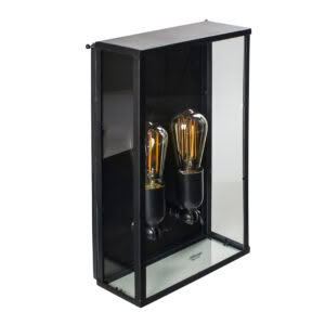 Black display cabinet with two vintage light bulbs