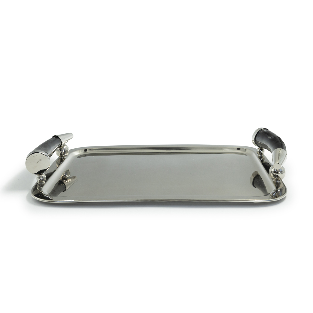 Silver serving tray with decorative handles