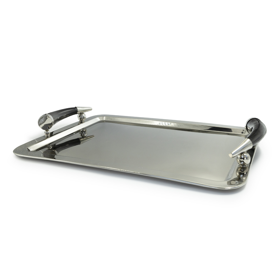 Silver rectangular serving tray with handles
