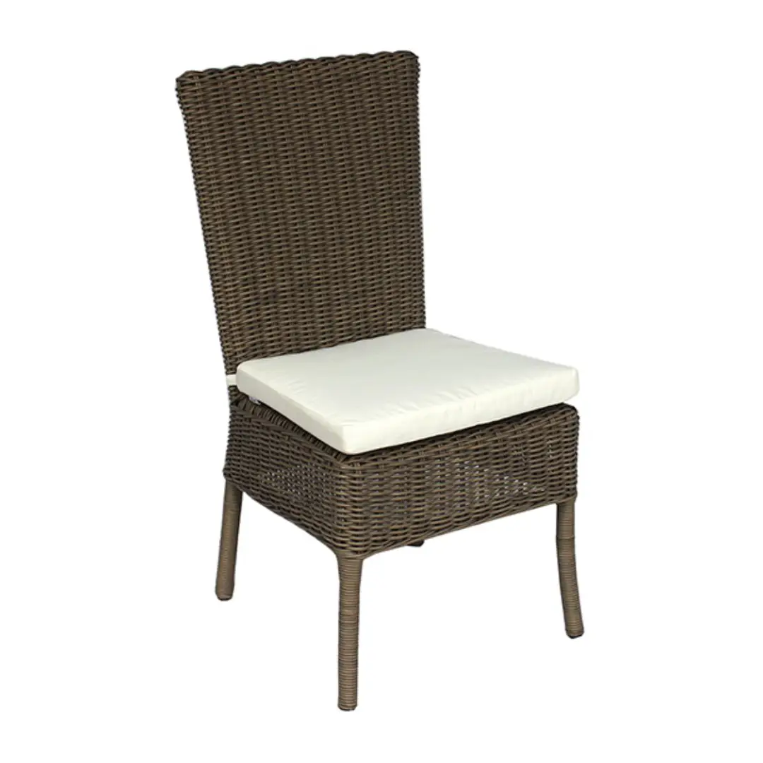 Wicker dining chair with white cushion