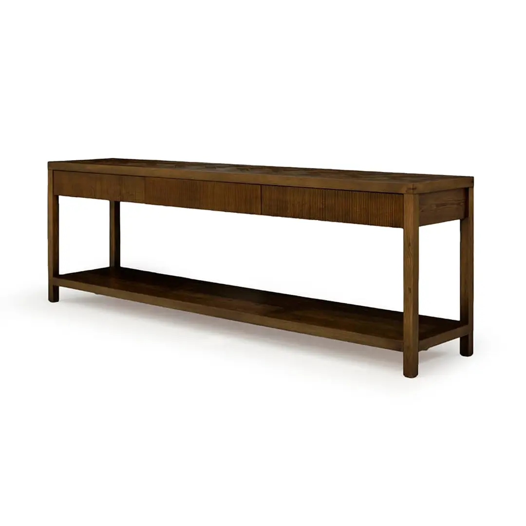 Long brown wooden console table with shelf