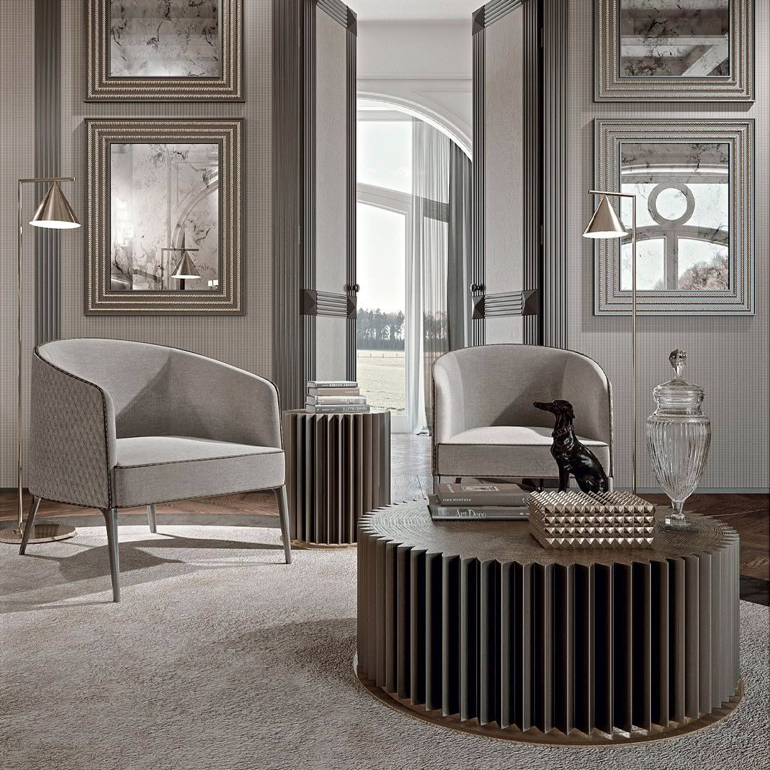 Elegant living room with modern furniture and large windows