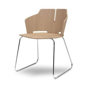 Modern wooden chair with chrome legs on white background