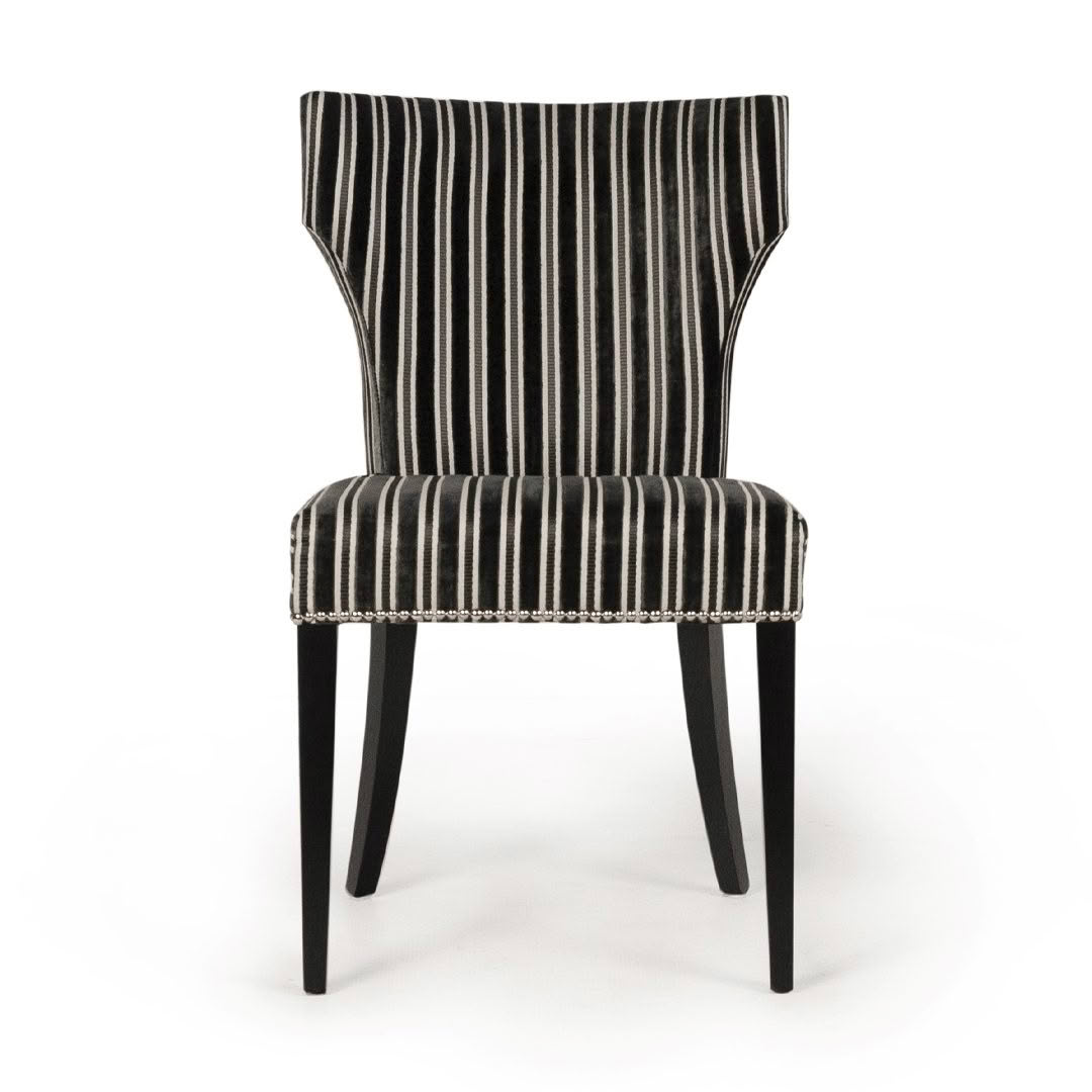 Elegant striped upholstered chair with black legs