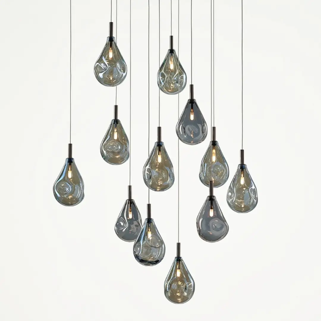Modern glass pendant lights hanging in cluster